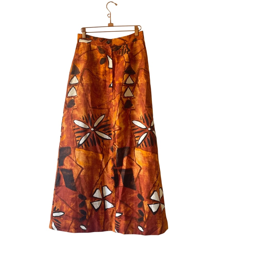 Vintage Floral Maxi Skirt 70s High Waist Boho Mod Brown Orange handmade small
